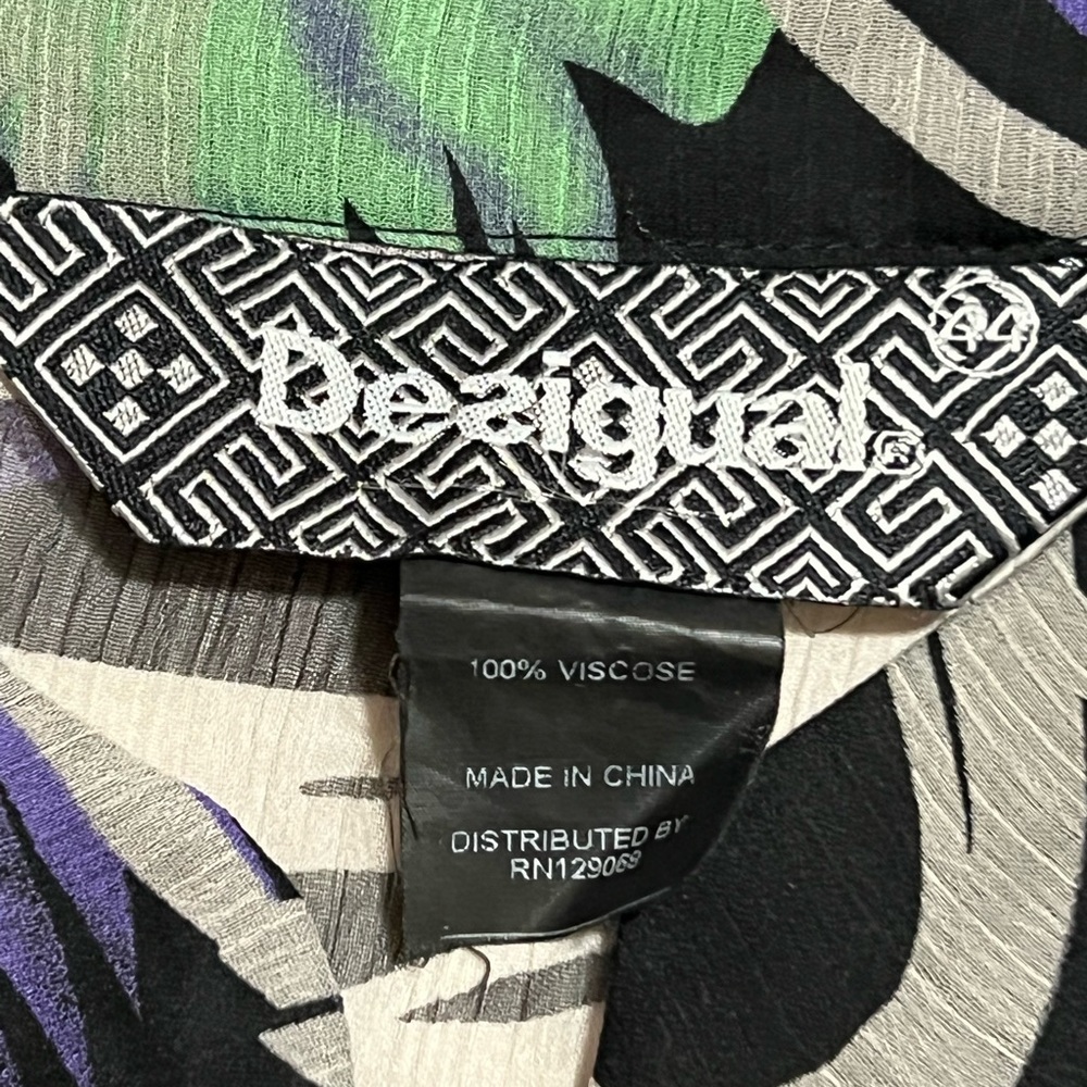 DESIGUAL Sleeveless Ruffle Top Button Front Graffiti Print Semi Sheer Large - Picture 3 of 10